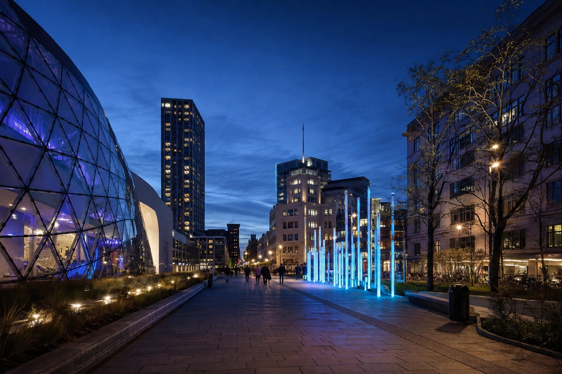 Straat bij blauw uur met lichtkunst en een gebogen glazen gevel