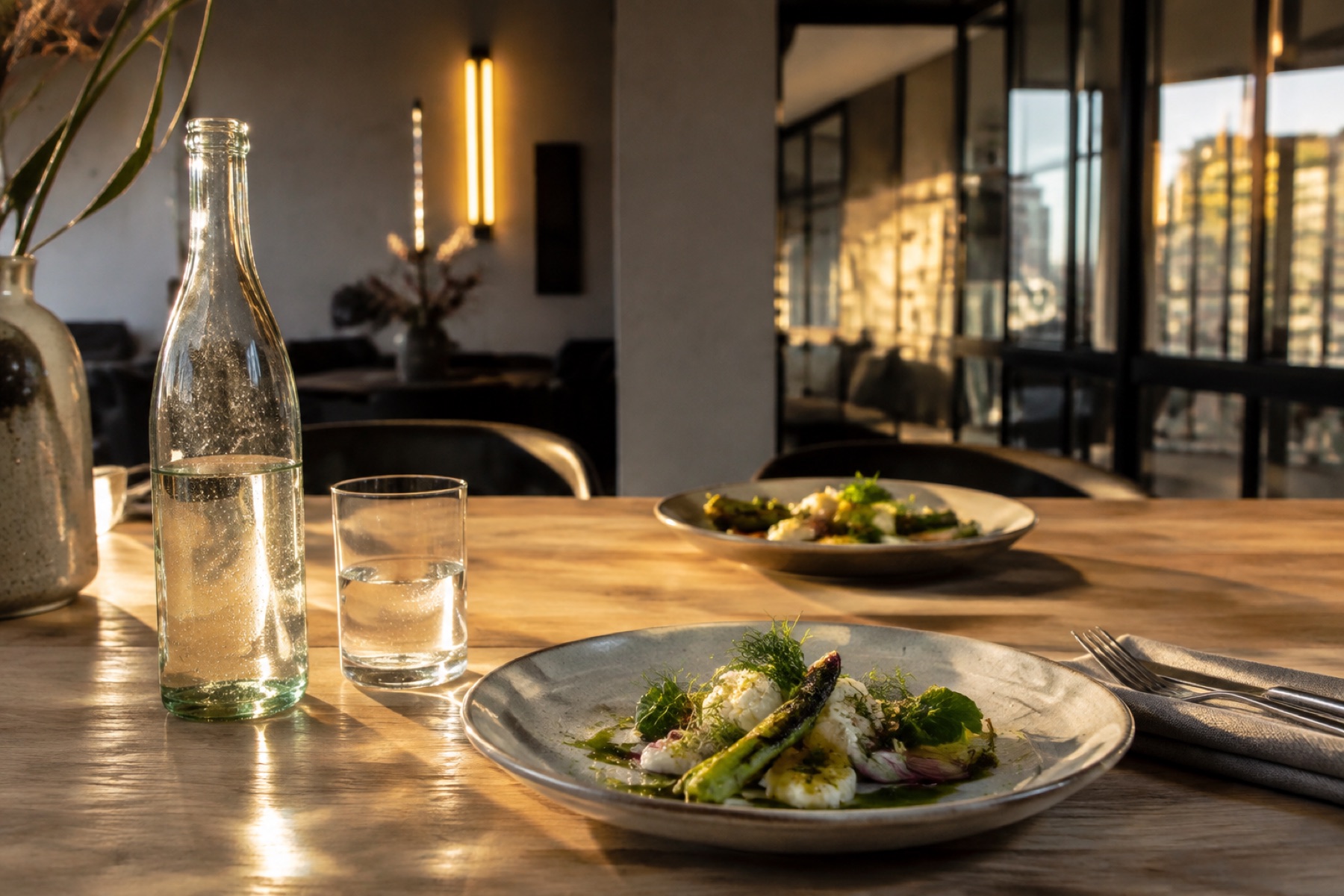 Tafel met een fles, glazen en een warm bord bij avondlicht